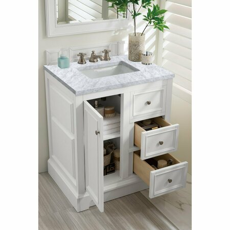 James Martin Vanities De Soto 30in Single Vanity, Bright White w/ 3 CM Carrara Marble Top 825-V30-BW-3CAR